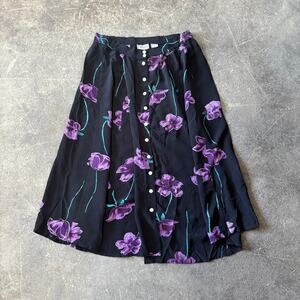 Vintage Indira Mermaid Skirt Size M Black Rayon Floral Button Front Cottage